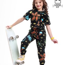 Ollington St. Cotton Half Sleeve Floral Printed Hoodie Top & Joggers Co-Ords Set - Black-image-24