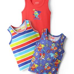Babyhug 100% Cotton Single Jersey Knit Sleeveless Sando With Stripes & Dino Print Pack Of 3 - Red & Navy Blue-image-36