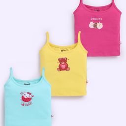 MOONKIDS 100% Cotton Knit Pack Of 3 Sleeveless Donuts & Cat Printed Camisoles - Blue Fuchsia & Yellow-image-39