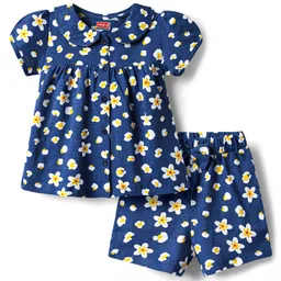 Babyhug Cotton Knit Half Sleeves Co-ords Shorts Night Suit With Floral Print - Navy Blue-picture-25