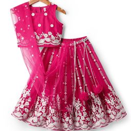 Babyhug Woven Sleeveless Floral Embroidered Choli Lehenga With Dupatta Set - Pink-image-9