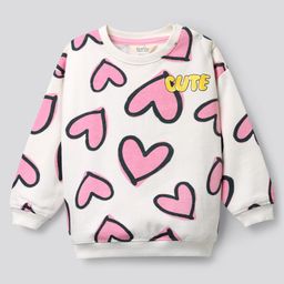 Bonfino 100% Cotton Knit Full Sleeves Oversized Sweatshirt With Heart Print - Ivory-image-6