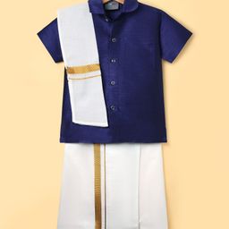 Dapper Dudes Cotton Silk Woven Half Sleeves Solid Shirt & Mundu With Angavastram Set - Royal Blue-image-94