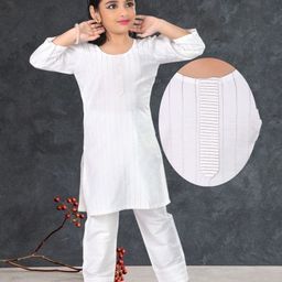 Pehanaava Cotton Woven Three Fourth Sleeves Stripes Embroidered Kurta Salwar - White-image-49