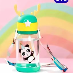 Bubble Trouble Plastic Deer Horn Shape Water Bottle With Straw & Strap BPA Free Non-Toxic, Anti-Leak With Cartoon Design Water Bottle For Kids, School, Home (600ml) - Green-picture-0