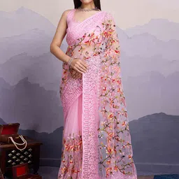 Peachmode Floral Embroidered Net Saree-image-93