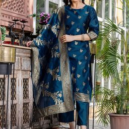 SKYLEE Floral Woven design Straight Kurta With Trousers & Dupatta-53