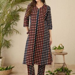 Indo Era Geometric Printed Shirt Collar Pure Cotton Straight Kurta With Trnousers-45