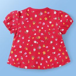 Babyoye Interlock Knit Half Sleeves Top & Legging Set With Floral Print & Bow Applique - Red & White image 3