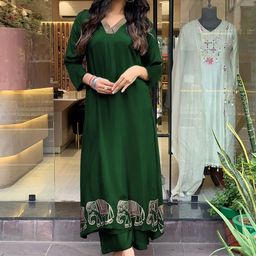 KALINI Embroidered A-Line Thread Work Kurta With Palazzos-picture-14