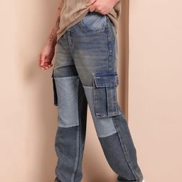 Mast & Harbour Men Relaxed Fit Contrast Panel Light Fade Cargo Style Jeans-image-19