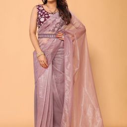 PATLANI STYLE Solid Twill net Saree with  Embroidered Belt And unstitched blouse piece image 2
