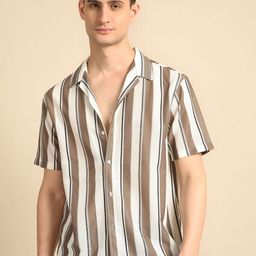 Voroxy Men Relaxed Cuban Collar Vertical Striped Polycotton Casual Shirt-image-83