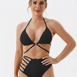 FIMBUL Self Design Halter Neck Triangle Side Panty Bikini Set-image-36