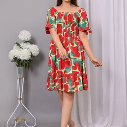 VYMO Print Flared Sleeve Fit & Flare Dress-image-99