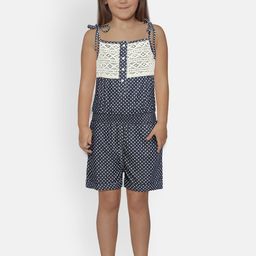 612 league Girls Navy Blue & White Geometric Print Cotton Playsuit with Lace Inserts-image-17