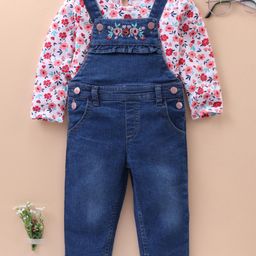 Babyhug Denim Floral Embroidery Dungaree with Cotton Full Sleeves Floral Print Top --image-28