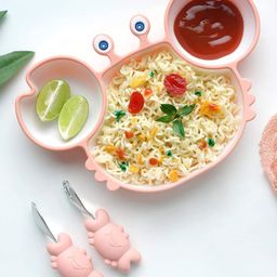Starkiddo Crab Food Grade Silicone Suction Plates For Baby With Trainer Spoon & Fork - Pink-14
