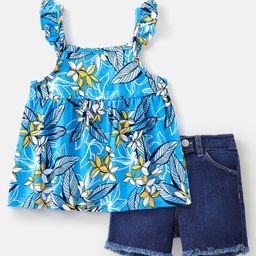 Babyhug 100% Cotton Knit Sleeveless Top & Denim Shorts Set Floral Print - Blue-picture-27