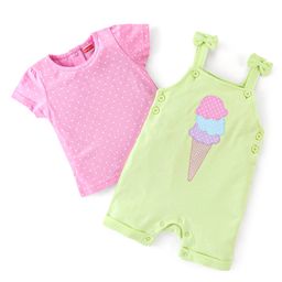 Babyhug 100% Cotton Dungaree With Half Sleeves Inner Tee With Ice Cream Embroidered & Polka Print - Green & Pink-image-51