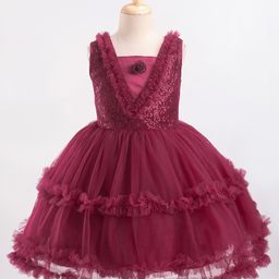 Bluebell Woven Sleeveless Party Frock With Sequine Detailing & Floral Corsage - Maroon-image-49