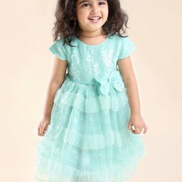 Babyhug Cap Sleeves Party Frock with Sequinned Detailing & Bow Applique - Blue-picture-5