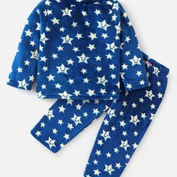 Babyhug Velour Knit Full Sleeves Winter Night Suit Stars Print - Navy Blue-image-79