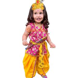 Sarvda Janmashtami Theme Sleeveless Mor Pankh Printed Angrakha Style Krishna Costume Kit - Magenta & Yellow-image-28