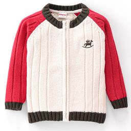 Babyhug Cotton Knitted Full Sleeves Front Zipper Sweater - White & Red-image-24
