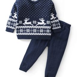 Babyhug Knitted Full Sleeves Sweater Set Deer Design - Navy Blue-image-78