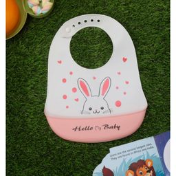 Yellow Bee Silicone Bunny Print Bib with Crumb Catcher and Adjustable Closure for Girls - White and Pink-picture-11