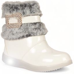 Lil Lollipop Stone Detailed Fur Embellished Glossy & Zipper Party Boots With Light - White-image-97