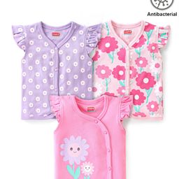 Babyhug 100% Cotton Knit Anti Bacterial Frill Sleeves Vests With Floral Print Pack of 3 - Pink & Purple-image-40