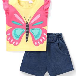 Babyhug Single Jersey Knit Frill Sleeves Top & Denim Shorts Set with Butterfly Patch - Yellow-image-8