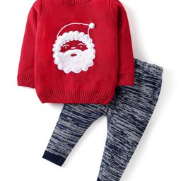 Babyhug Knitted Full Sleeves Pullover Sweater & Pant Set with Santa Clause Embroidery - Red-image-50