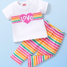Babyhug Cotton Knit Half Sleeves Stripes & Heart Printed Night Suit - Multicolour-image-46