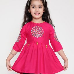 ISHTI Three Fourth Sleeves Floral Embroidered Top - Rani Pink-image-83