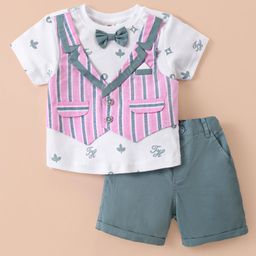 ToffyHouse Poplin Half Sleeves T-Shirt & Shorts Set with Attached Waistcoat & Bow - Teal-image-11