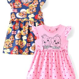 Babyhug Disney Cotton Knit Frill Sleeves Frocks with Chip N Dale Graphic & Bow Detailing Pack of 2 - Navy Blue & Pink-image-22