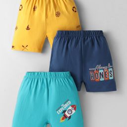OHMS Single Jersey Knit Above Knee Length Shorts with Text Print Pack of 3 - Navy Blue Yellow & Blue-picture-7