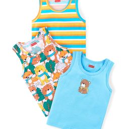Babyhug Cotton Knit Sleeveless Sandos With Stripes & Bear Print Pack of 3 - Yellow & Turquoise-image-52