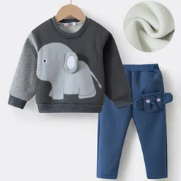 Kookie Kids Full Sleeves Winter Wear Suit with  Elephant Print & Applique - Dark Grey & Navy Blue-picture-34