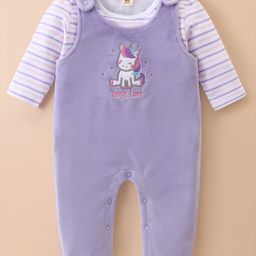 ToffyHouse Cotton Knit Full Sleeves Dungaree Style Romper with Unicorn Embroidery - Lavender-image-32