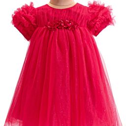 Babyhug Woven Ruffle Half Sleeves Fit and Flare Party Frock With Floral Applique -Red-image-90