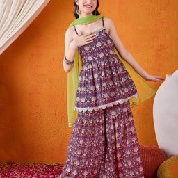 Cherry & Jerry Sleeveless Sequin Lace Embellished & Floral Printed Coordinating Kurta Sharara With Dupatta - Purple-image-36