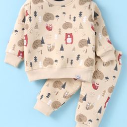 Teddy Fleece Knit Full Sleeves Winter Wear Sweatshirt & Lounge Pant Set with Jungle Theme Print - Peach-image-59