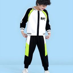 Ollington St. Looper Knit Full Sleeves Colour Blocked Text Printed Sweatjacket & Jogger - Black & White-image-95