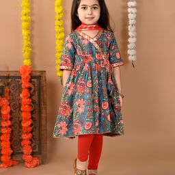 Kinder Kids Cotton Half Sleeves Floral Printed & Gota Lace Embellished Kurta Leggings With Dupatta - Pink-image-61