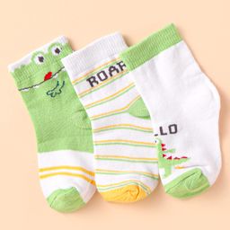 Doodle Poodle Cottton Knit Ankle Length Socks with Dino Design Pack of 3 - White & Green-image-98