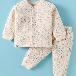 Ollypop Knit Full Sleeves Winter Wear Night Suit with Leaves Print - Cream-image-25